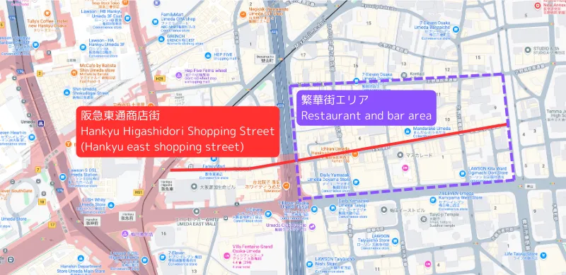 以阪急東通商店街為中心的繁華區地圖