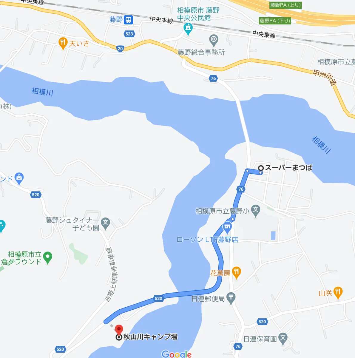 從松葉到秋山川露營地的地圖和路線